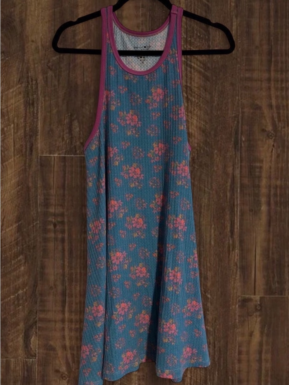 Natural Life Floral Waffle Tank Dress in Teal with Pink Trim